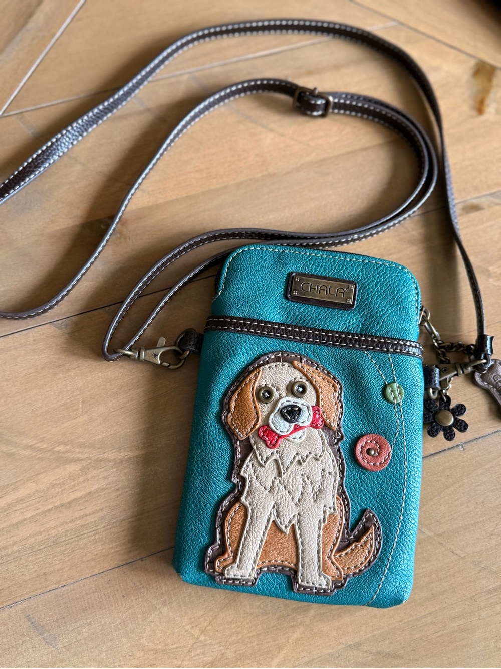EUC Chala Teal Crossbody Phone Pouch with Dog Appliqué and Charms
